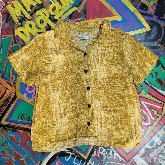 Urban Outfitters Snake print button-up short sleeve shirt, mustard yellow size:M - Picture 1 of 10
